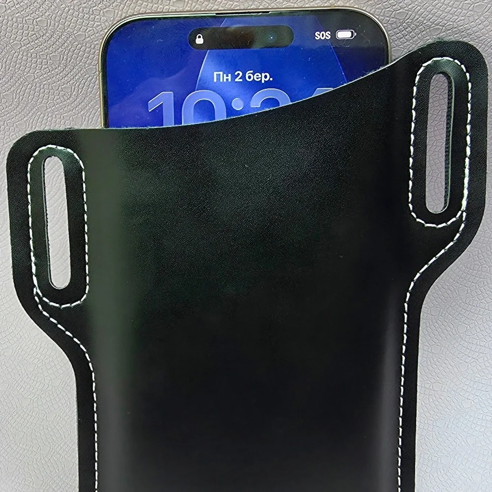Men’s Black Leather Belt Phone Holster Rugged EDC Waist Case